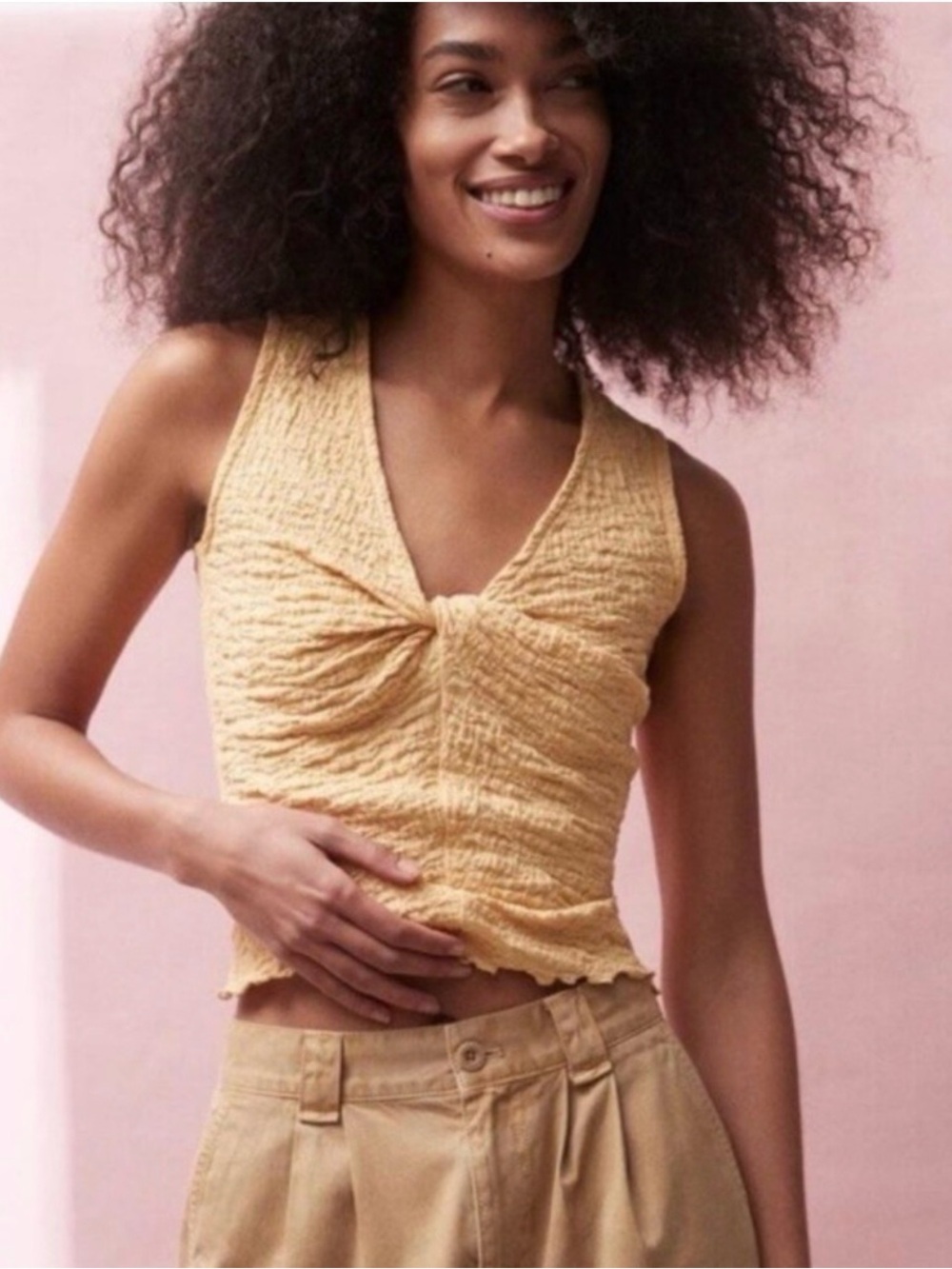 Madewell Twist-Front Textured Crop Top in Mustard Yellow